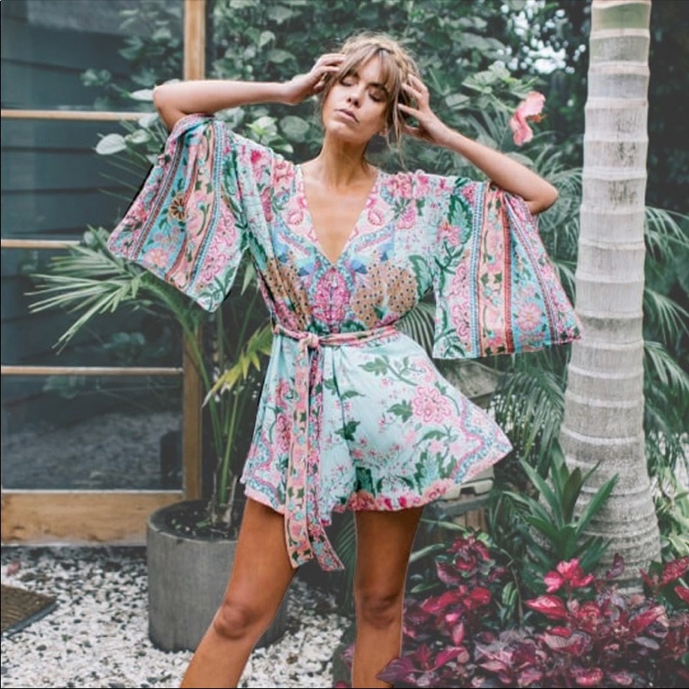 Foxy 5🌟Fave! Lotus Peacock Turquoise Rayon Romper - Picture 2 of 5